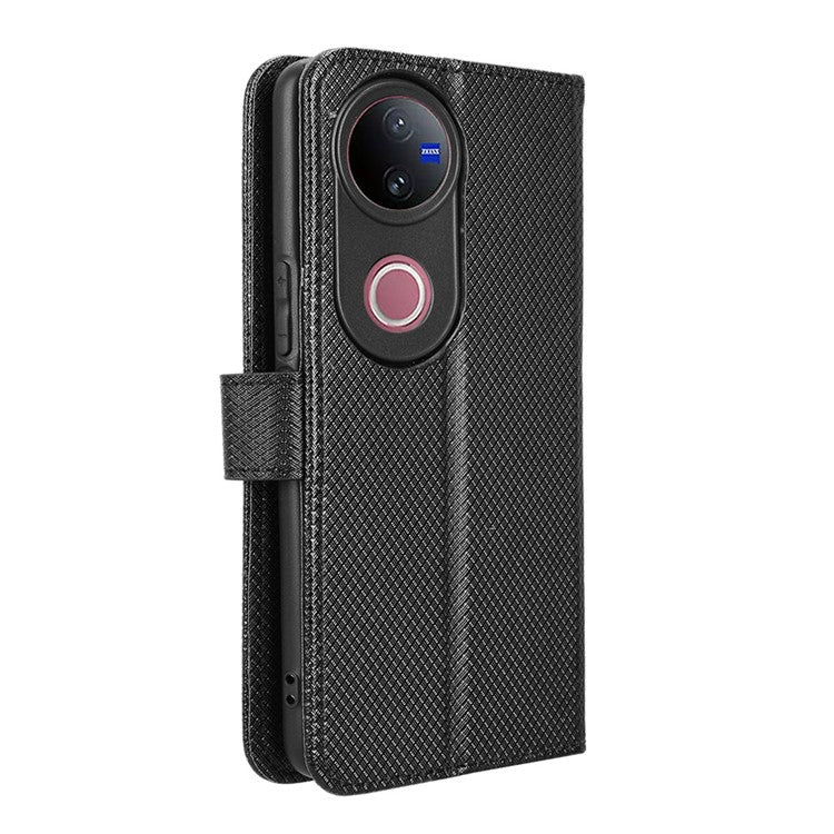 For vivo V50 5G Case PU Leather Diamond Texture Wallet Phone Cover - Black