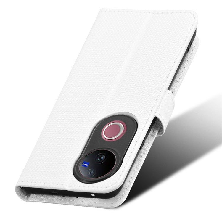 For vivo V50 5G Case PU Leather Diamond Texture Wallet Phone Cover - White
