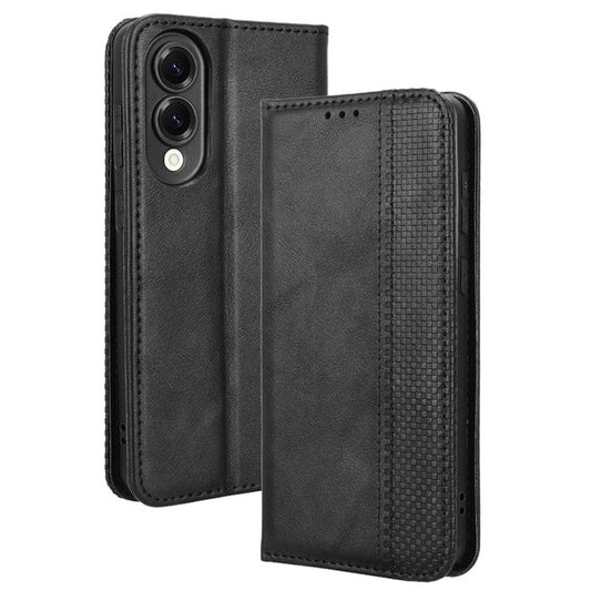 For Samsung Galaxy S25 Edge Case Wallet Stand Retro Texture Leather Phone Cover - Black