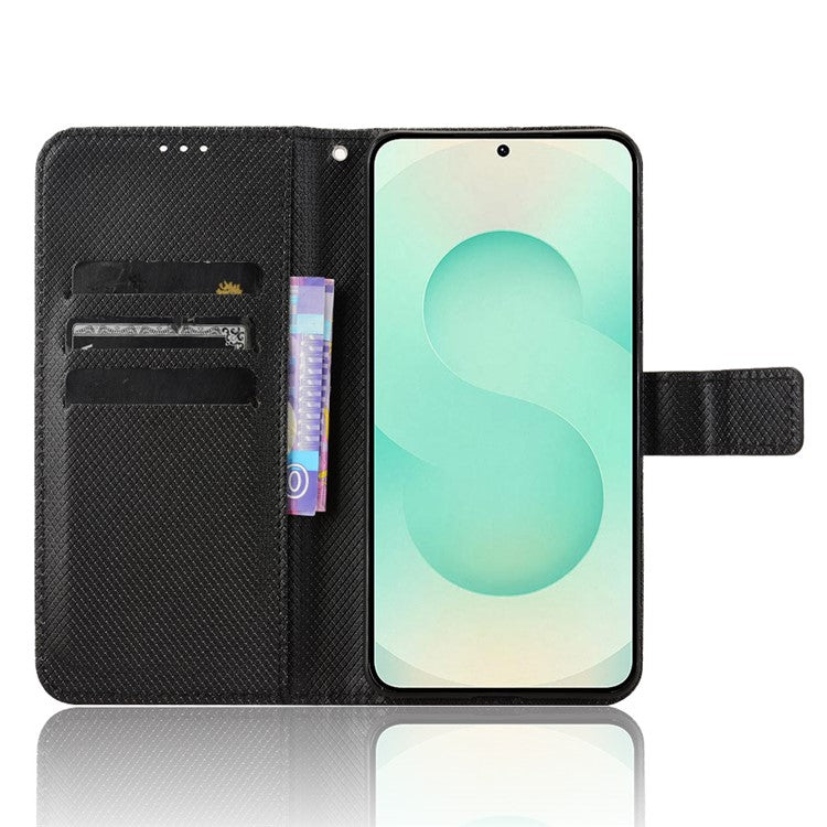 For Samsung Galaxy S25 Edge Case PU Leather Diamond Texture Wallet Phone Cover - Black