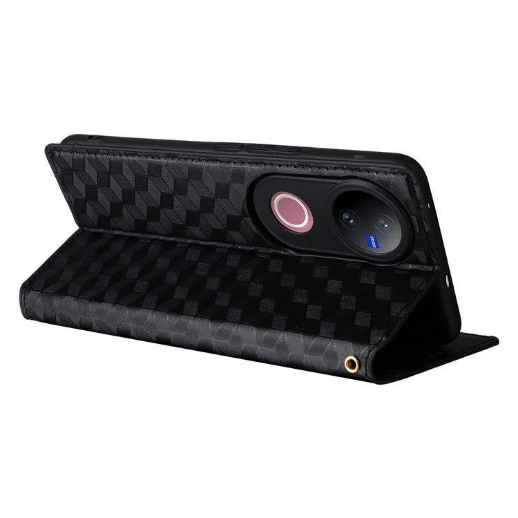 For vivo V50 5G Case Wallet Rhombus Imprinted Leather Phone Cover - Black