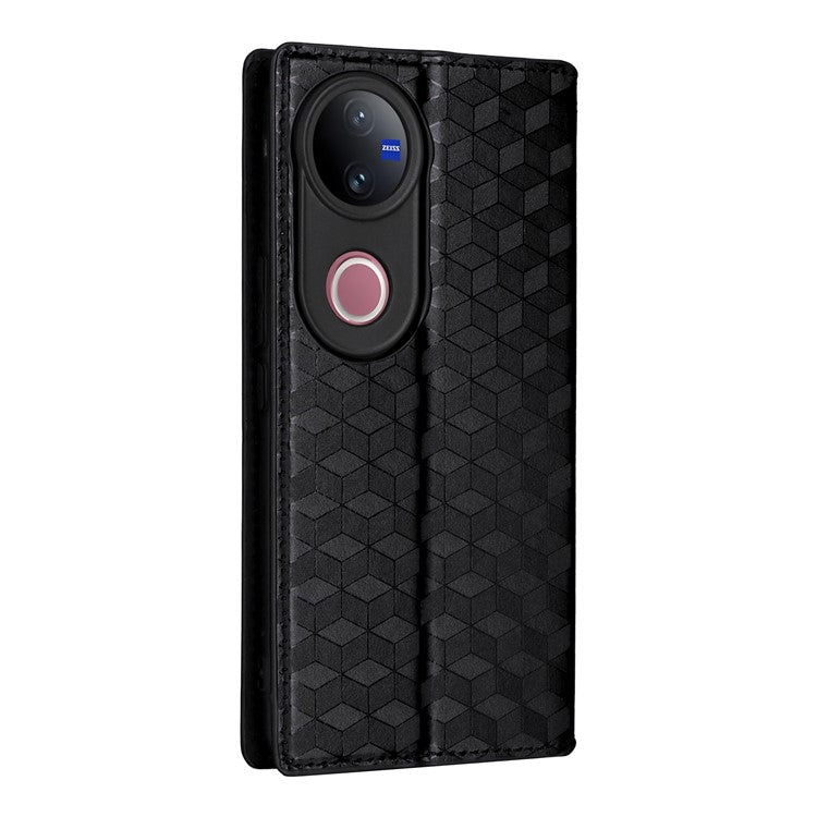For vivo V50 5G Case Wallet Rhombus Imprinted Leather Phone Cover - Black