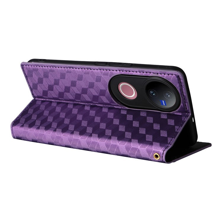 For vivo V50 5G Case Wallet Rhombus Imprinted Leather Phone Cover - Purple