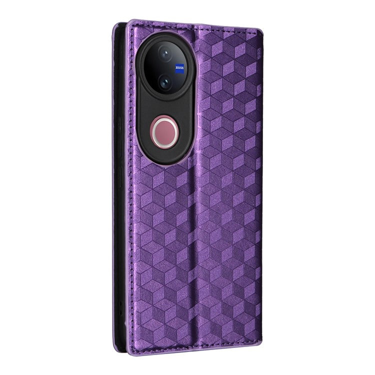 For vivo V50 5G Case Wallet Rhombus Imprinted Leather Phone Cover - Purple