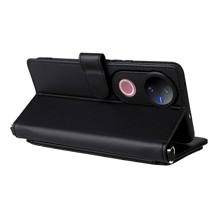 For vivo V50 5G Case with Shoulder Strap Wallet Leather Phone Cover - Black