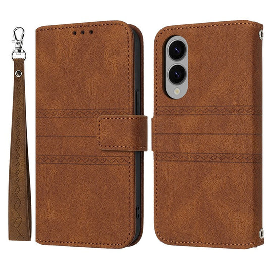 For Samsung Galaxy S25 Edge Case Wallet Skin-Touch Leather Imprinted Phone Cover - Brown