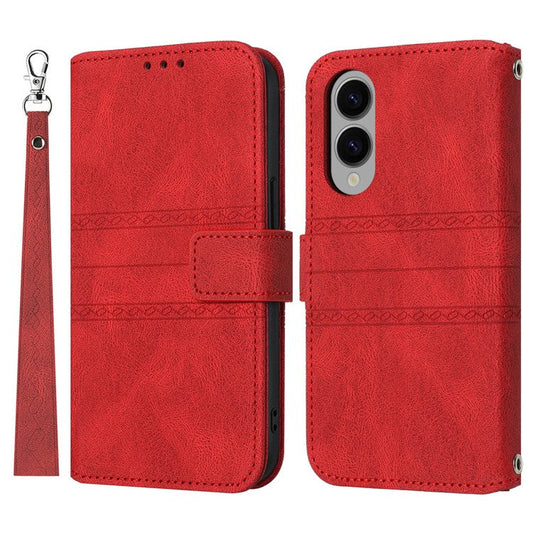For Samsung Galaxy S25 Edge Case Wallet Skin-Touch Leather Imprinted Phone Cover - Red
