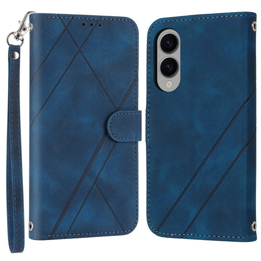 For Samsung Galaxy S25 Edge Case Imprinted Line Leather Phone Cover with Handy Strap - Blue