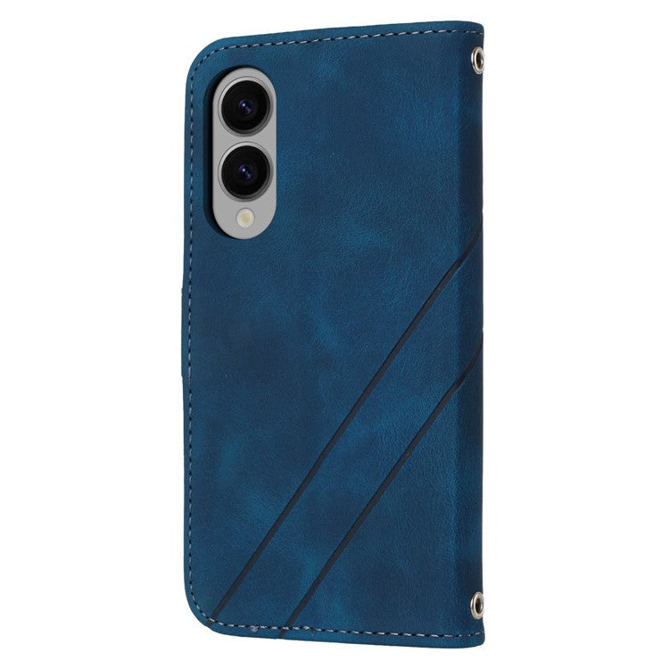 For Samsung Galaxy S25 Edge Case Imprinted Line Leather Phone Cover with Handy Strap - Blue