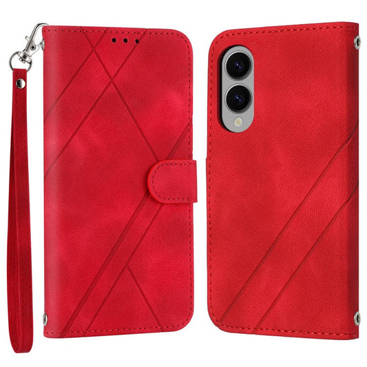 For Samsung Galaxy S25 Edge Case Imprinted Line Leather Phone Cover with Handy Strap - Red