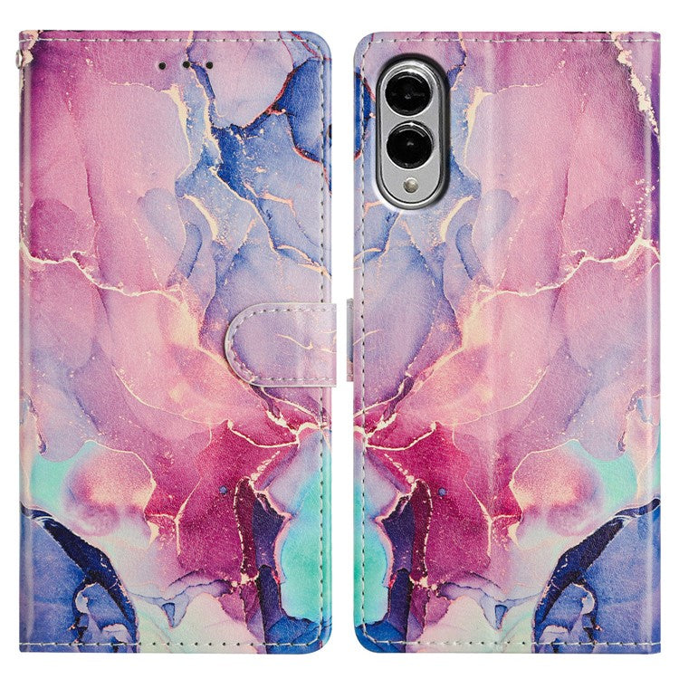 For Samsung Galaxy S25 Edge Case Pattern Printing Wallet Stand Flip Leather Phone Cover - Green Pink Marble