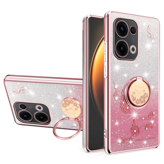 KADEM For Oppo Reno13 5G (Global) Case Ring Kickstand TPU Flowers Phone Cover Gradient Glitter - Rose Gold