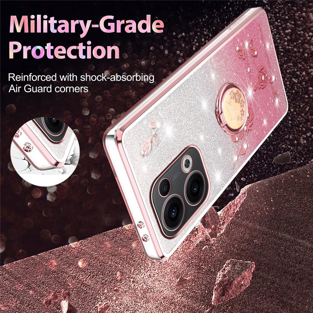 KADEM For Oppo Reno13 5G (Global) Case Ring Kickstand TPU Flowers Phone Cover Gradient Glitter - Rose Gold