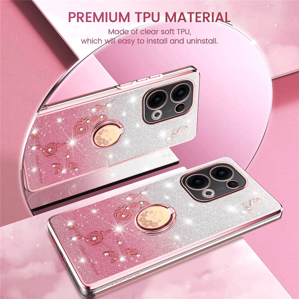 KADEM For Oppo Reno13 5G (Global) Case Ring Kickstand TPU Flowers Phone Cover Gradient Glitter - Rose Gold