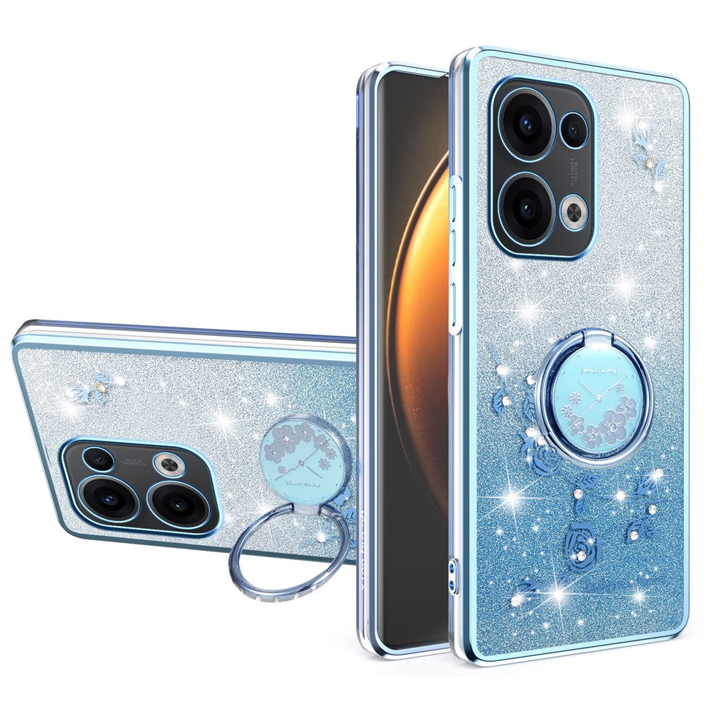 KADEM For Oppo Reno13 5G (Global) Case Ring Kickstand TPU Flowers Phone Cover Gradient Glitter - Blue