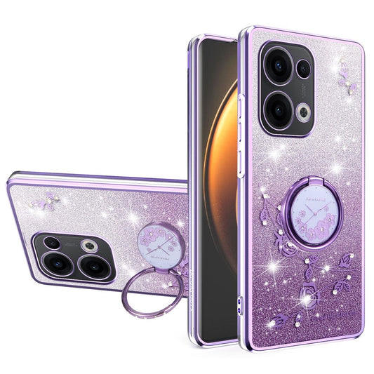 KADEM For Oppo Reno13 5G (Global) Case Ring Kickstand TPU Flowers Phone Cover Gradient Glitter - Purple