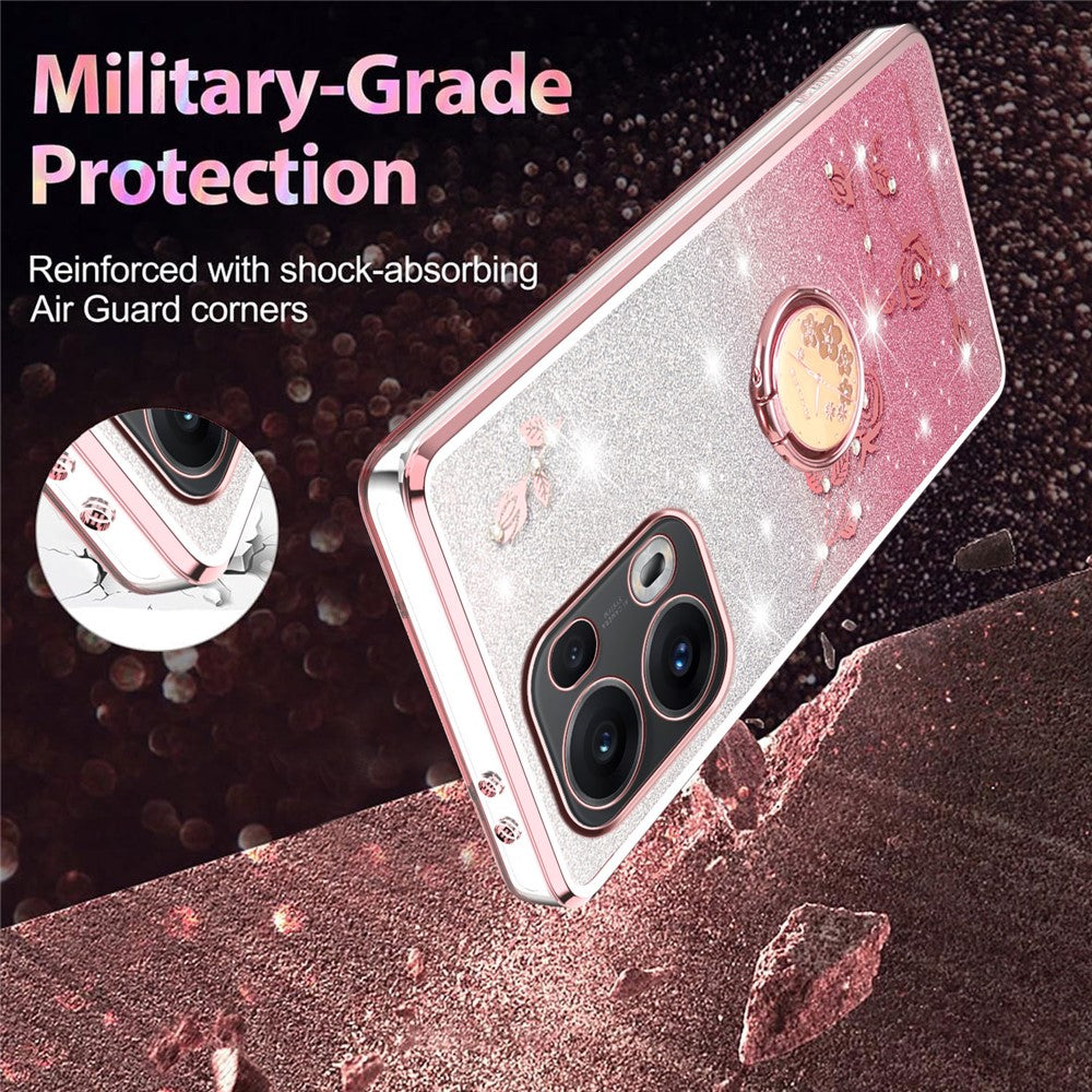 KADEM For Oppo Reno13 Pro 5G Case Ring Kickstand TPU Flowers Phone Cover Gradient Glitter - Rose Gold