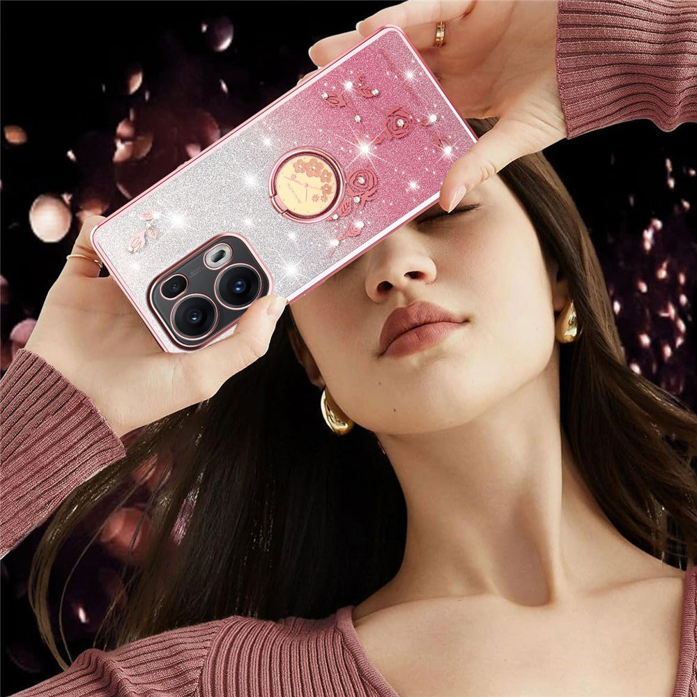 KADEM For Oppo Reno13 Pro 5G Case Ring Kickstand TPU Flowers Phone Cover Gradient Glitter - Rose Gold