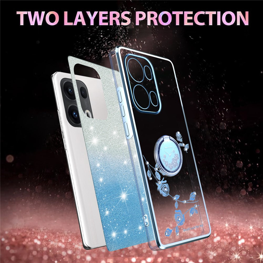 KADEM For Oppo Reno13 Pro 5G Case Ring Kickstand TPU Flowers Phone Cover Gradient Glitter - Blue