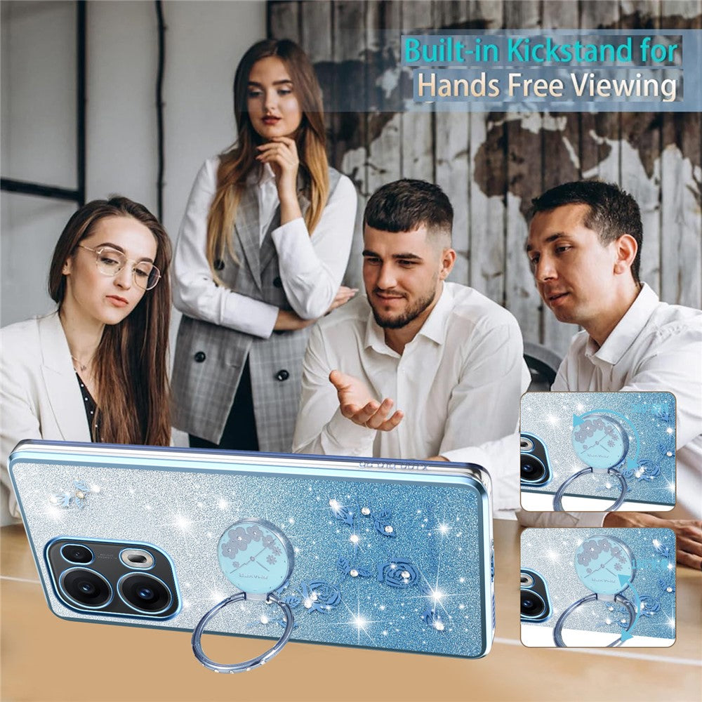 KADEM For Oppo Reno13 Pro 5G Case Ring Kickstand TPU Flowers Phone Cover Gradient Glitter - Blue