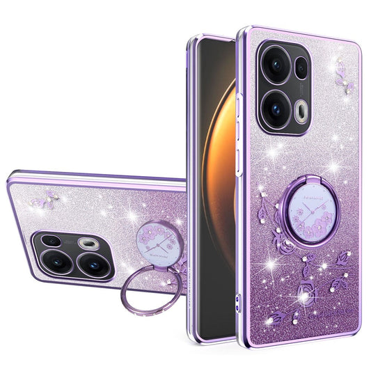 KADEM For Oppo Reno13 Pro 5G Case Ring Kickstand TPU Flowers Phone Cover Gradient Glitter - Purple