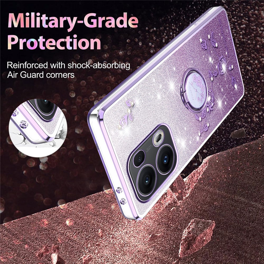 KADEM For Oppo Reno13 Pro 5G Case Ring Kickstand TPU Flowers Phone Cover Gradient Glitter - Purple