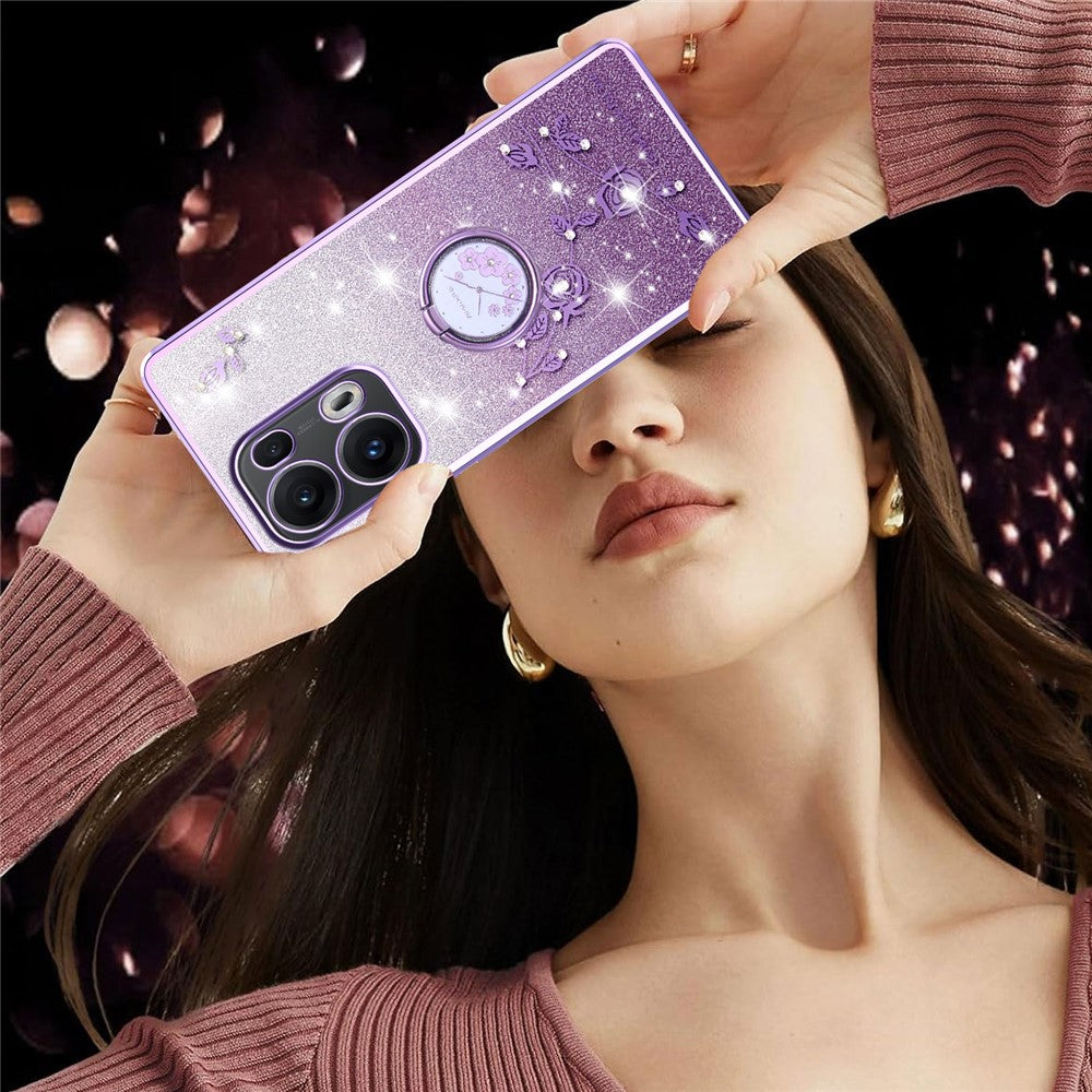 KADEM For Oppo Reno13 Pro 5G Case Ring Kickstand TPU Flowers Phone Cover Gradient Glitter - Purple