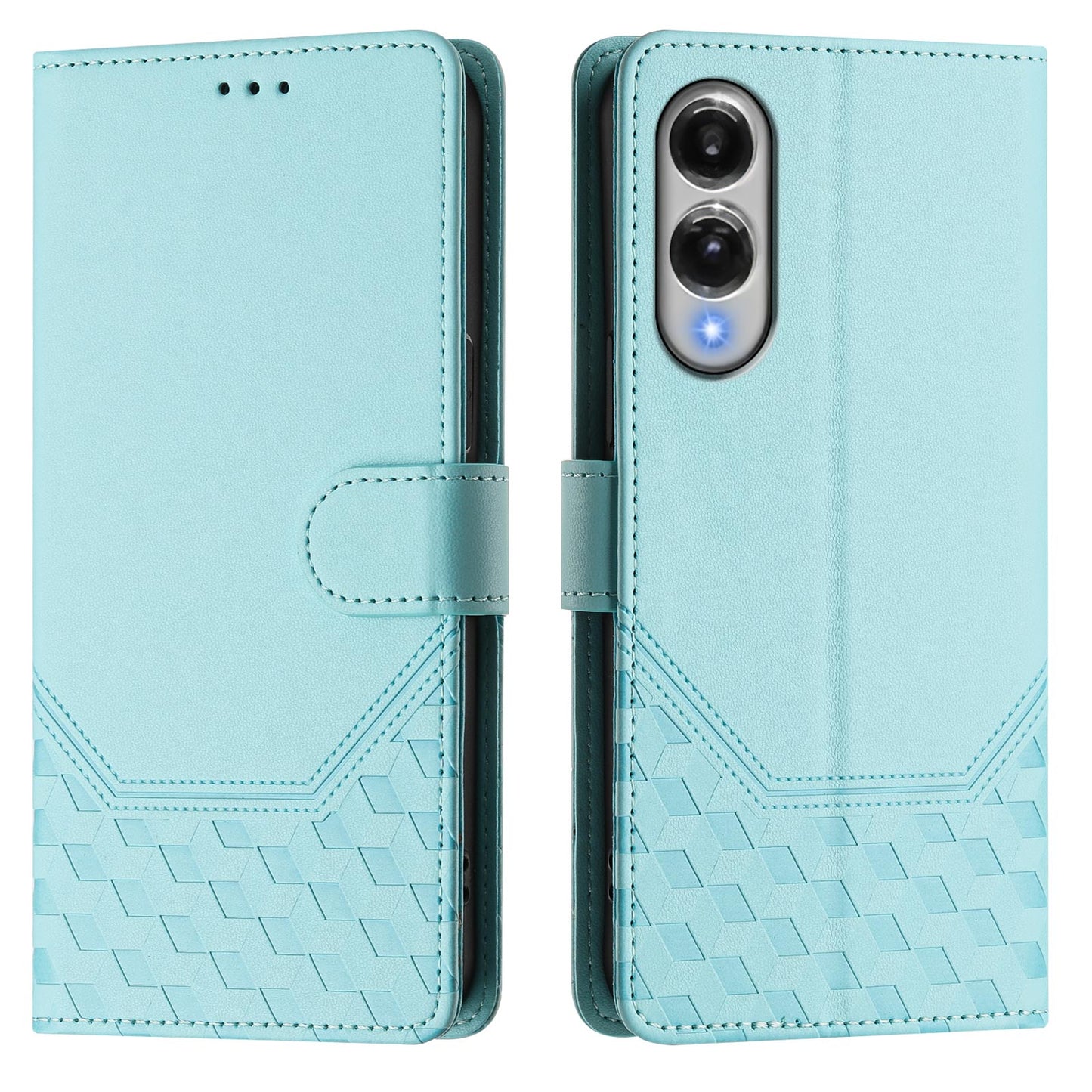 For Samsung Galaxy S25 Edge Case Imprinted Honeycomb RFID Blocking Leather Phone Cover with Strap - Mint Green