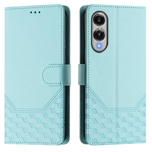 For Samsung Galaxy S25 Edge Case Imprinted Honeycomb RFID Blocking Leather Phone Cover with Strap - Mint Green