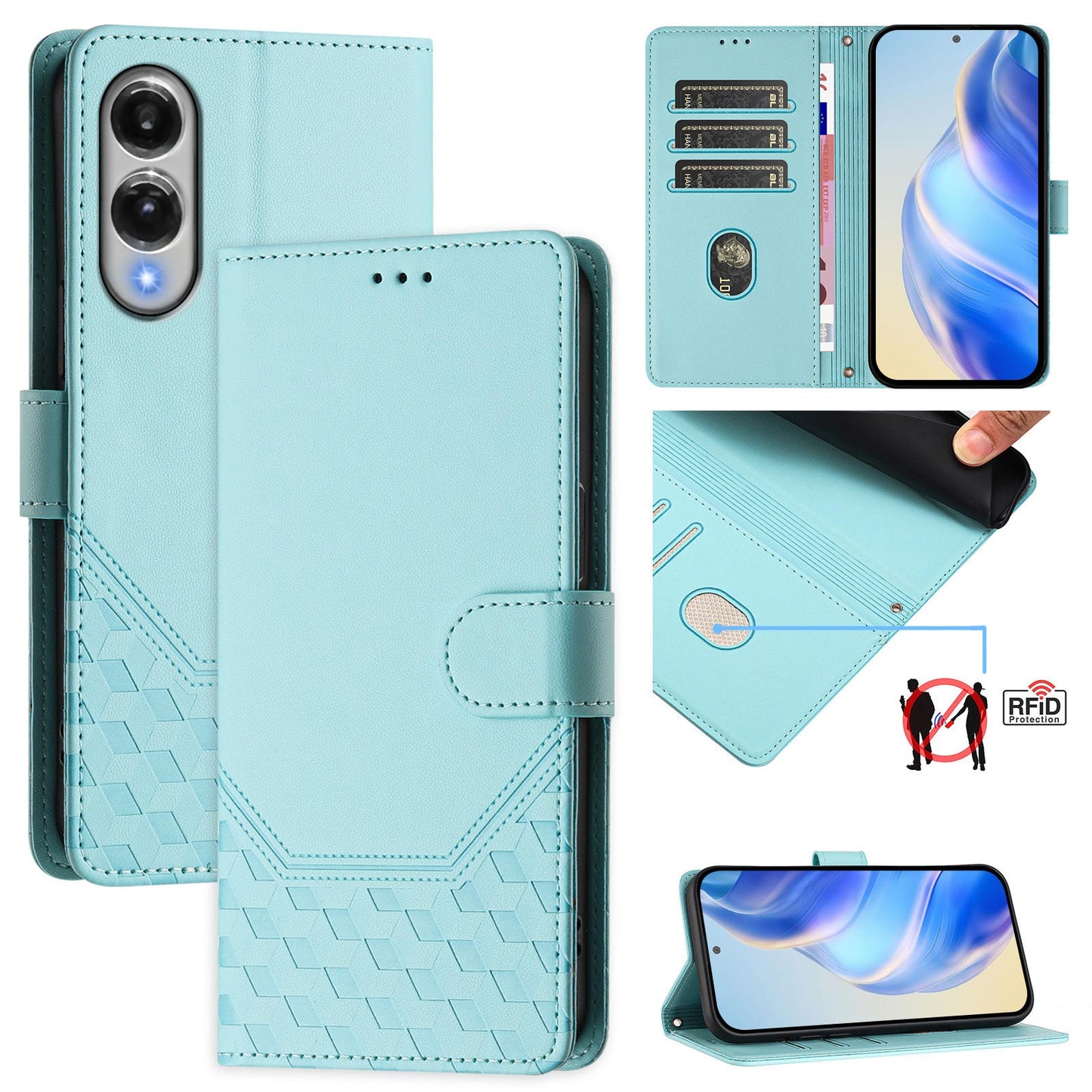 For Samsung Galaxy S25 Edge Case Imprinted Honeycomb RFID Blocking Leather Phone Cover with Strap - Mint Green