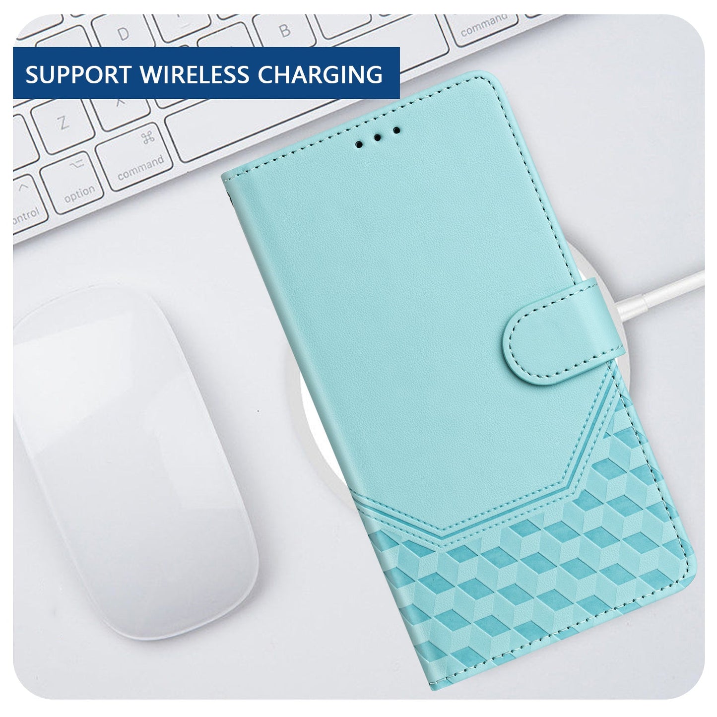 For Samsung Galaxy S25 Edge Case Imprinted Honeycomb RFID Blocking Leather Phone Cover with Strap - Mint Green