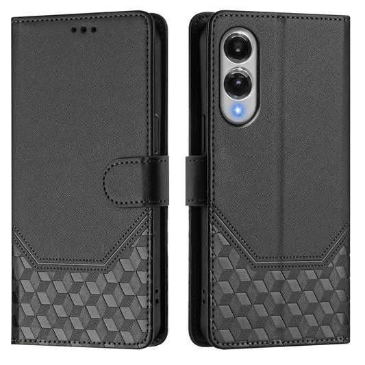 For Samsung Galaxy S25 Edge Case Imprinted Honeycomb RFID Blocking Leather Phone Cover with Strap - Black