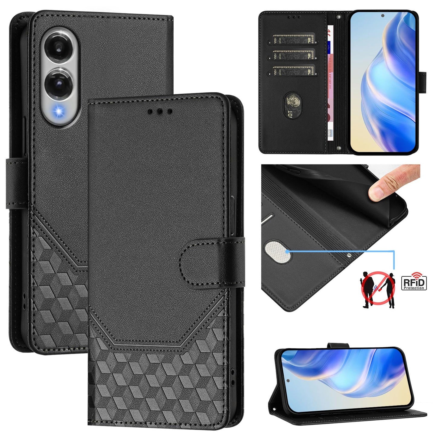 For Samsung Galaxy S25 Edge Case Imprinted Honeycomb RFID Blocking Leather Phone Cover with Strap - Black