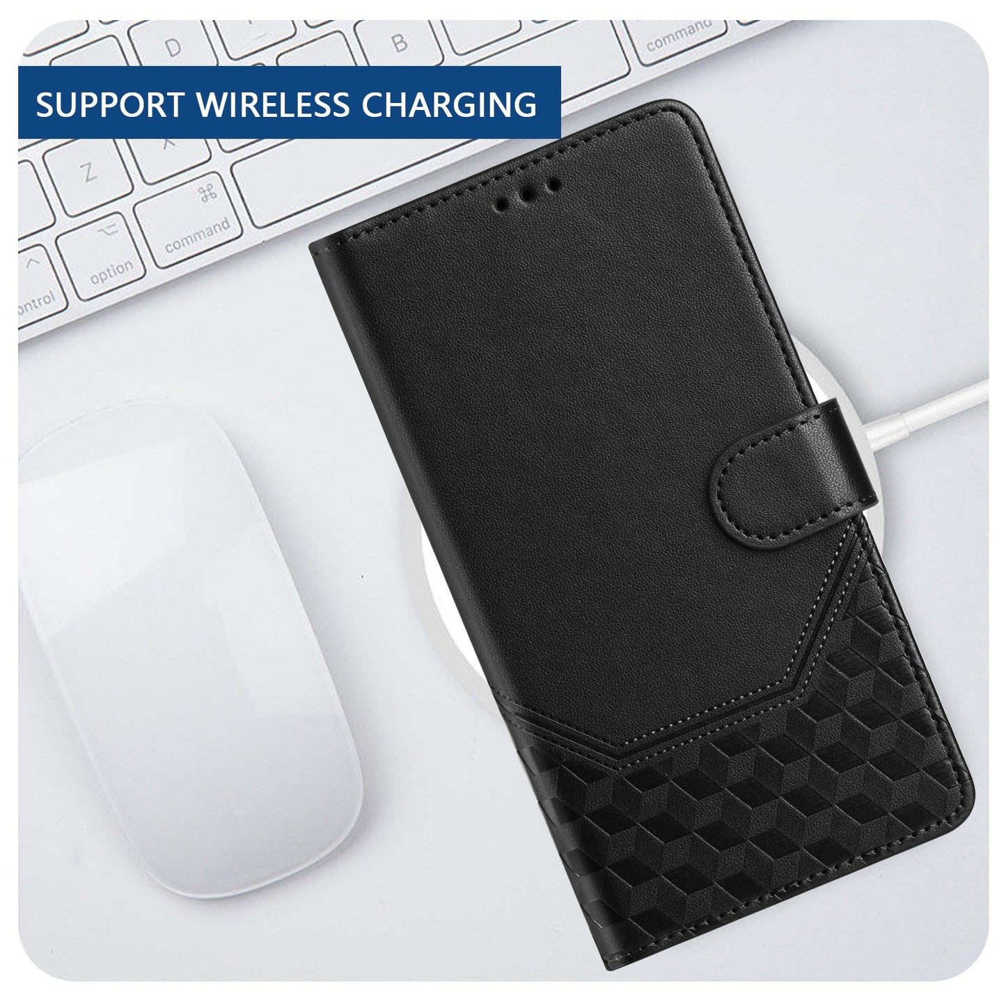 For Samsung Galaxy S25 Edge Case Imprinted Honeycomb RFID Blocking Leather Phone Cover with Strap - Black