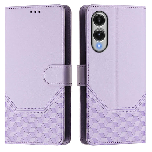 For Samsung Galaxy S25 Edge Case Imprinted Honeycomb RFID Blocking Leather Phone Cover with Strap - Light Purple
