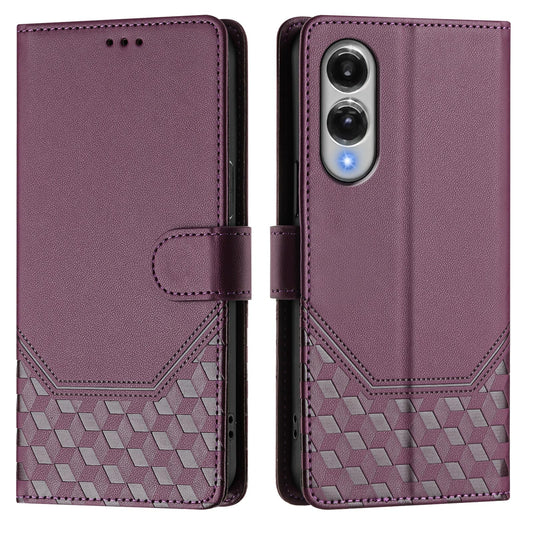 For Samsung Galaxy S25 Edge Case Imprinted Honeycomb RFID Blocking Leather Phone Cover with Strap - Dark Purple