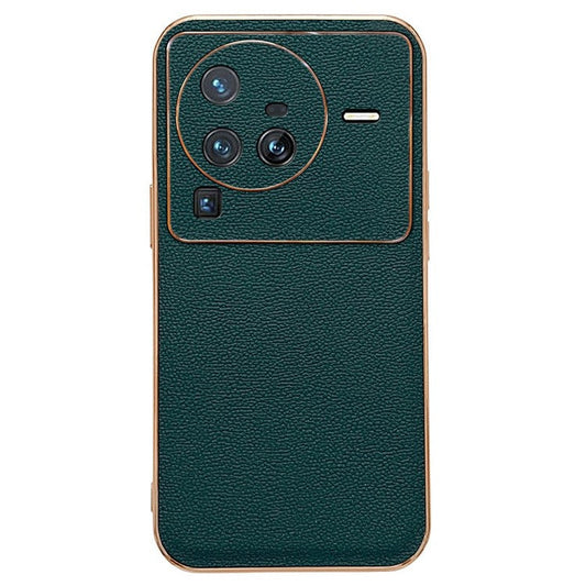 For vivo X80 Pro 5G Electroplating Phone Case Genuine Leather Coated PC+TPU Hybrid Protective Cover - Midnight Green