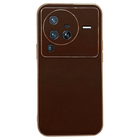 For vivo X80 Pro 5G Genuine Leather Coated PC+TPU Drop-Proof Case Electroplating Edges Design Shockproof Protective Cover - Coffee