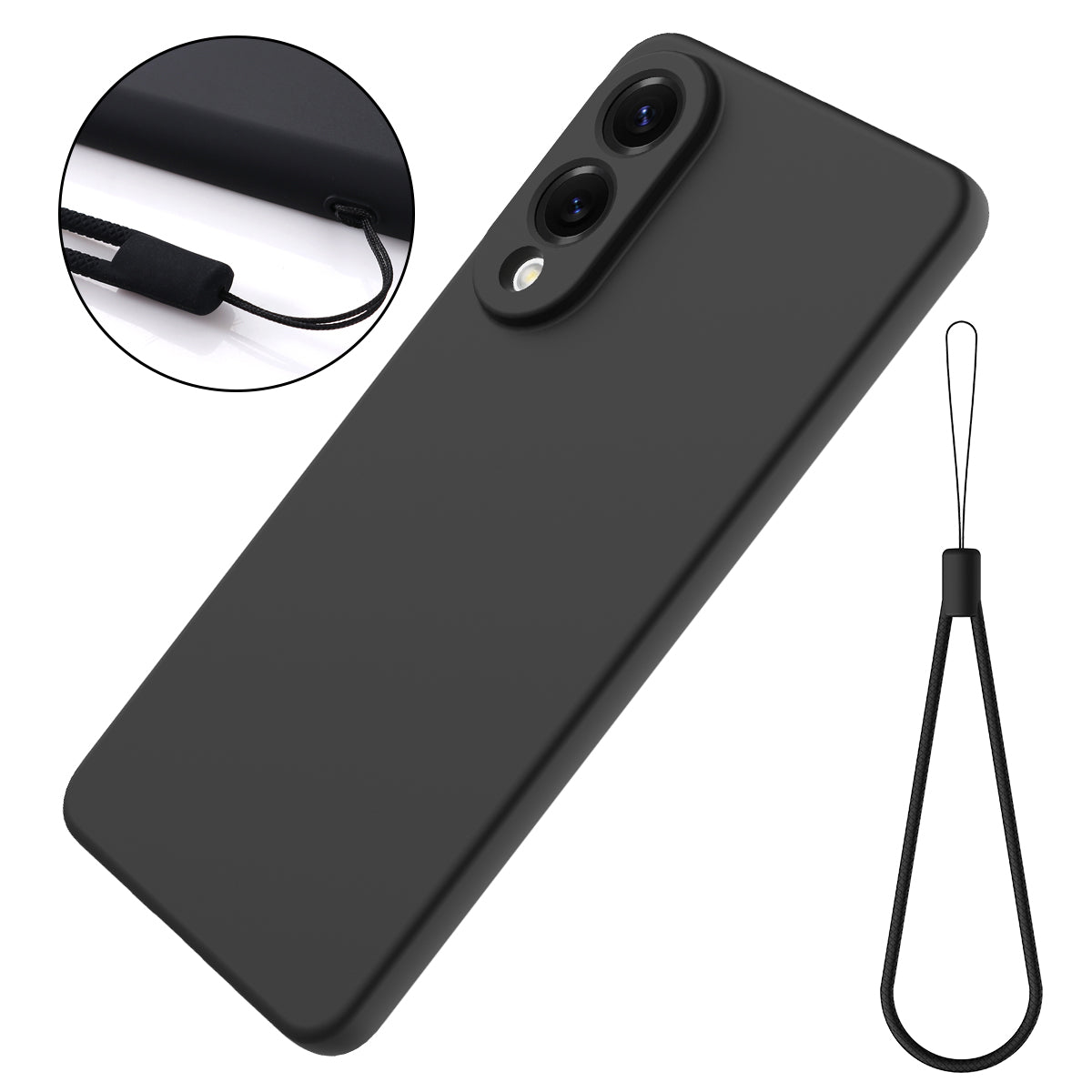 For Samsung Galaxy S25 Edge Liquid Silicone Case Phone Back Cover with Hand Strap - Black