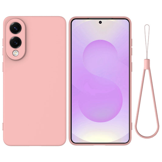 For Samsung Galaxy S25 Edge Liquid Silicone Case Phone Back Cover with Hand Strap - Pink