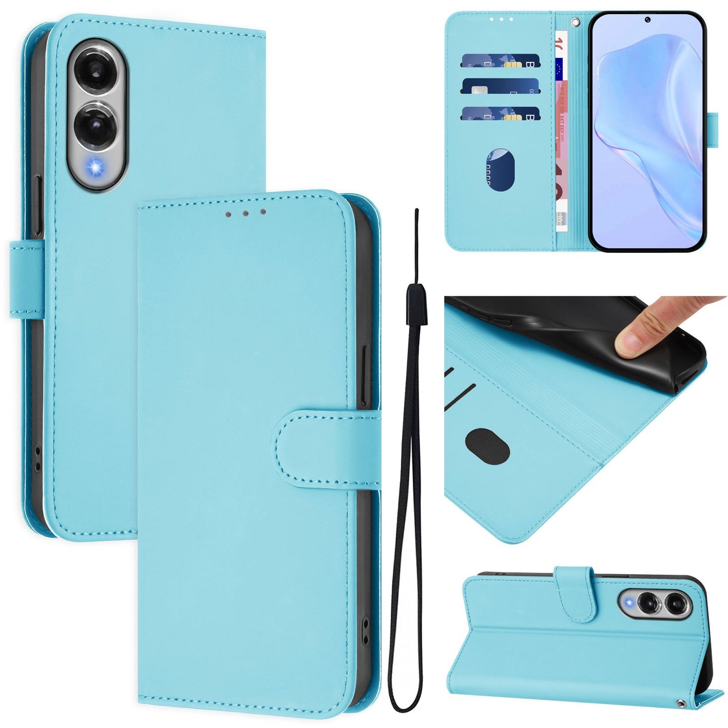 For Samsung Galaxy S25 Edge Case Solid Color Wallet Leather Phone Cover with Strap - Sky Blue