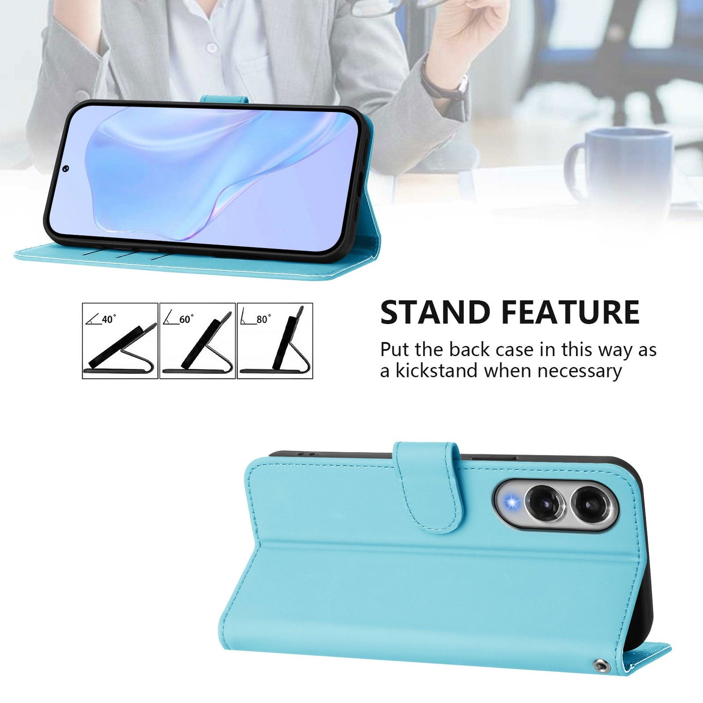 For Samsung Galaxy S25 Edge Case Solid Color Wallet Leather Phone Cover with Strap - Sky Blue