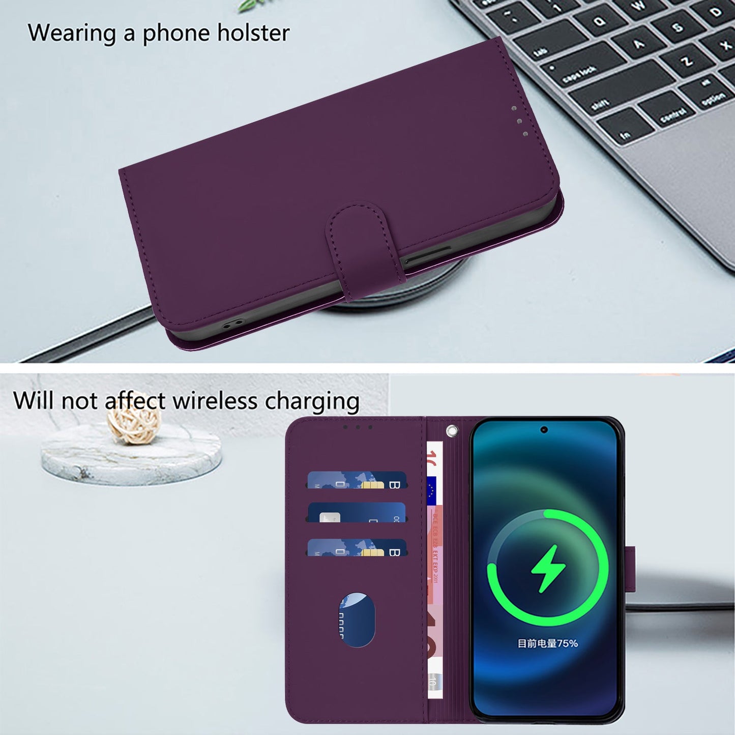 For Samsung Galaxy S25 Edge Case Solid Color Wallet Leather Phone Cover with Strap - Voilet