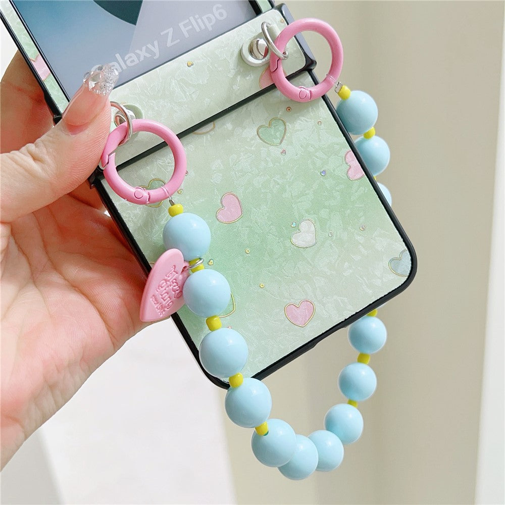 For Samsung Galaxy Z Flip7 FE 5G / Z Flip6 5G Case Anti Drop PC + PU Phone Back Cover with Beaded Strap Pattern Design - Green Heart