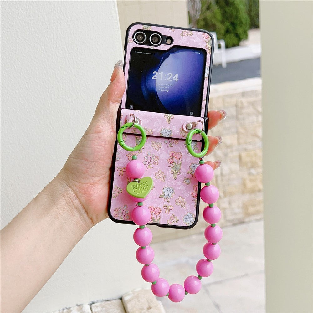 For Samsung Galaxy Z Flip7 FE 5G / Z Flip6 5G Case Anti Drop PC + PU Phone Back Cover with Beaded Strap Pattern Design - Tulip Pink