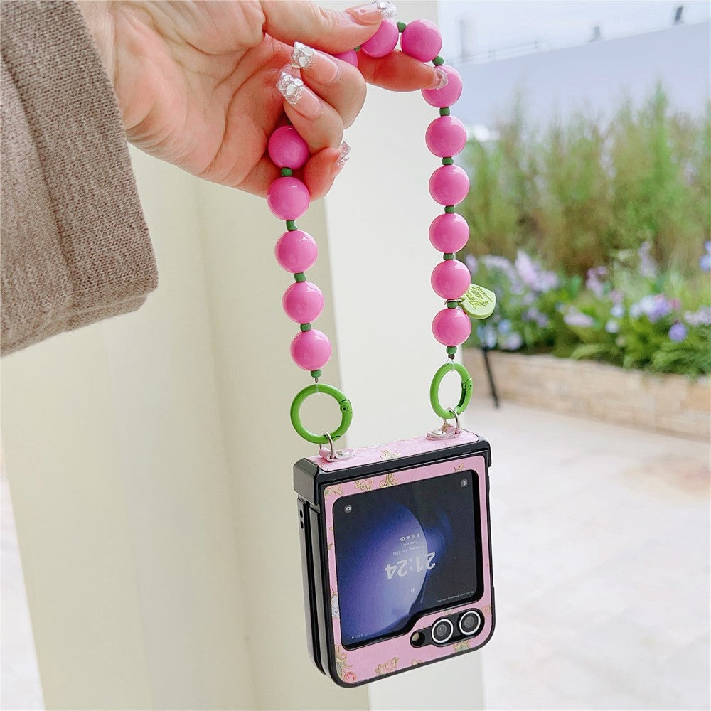 For Samsung Galaxy Z Flip7 FE 5G / Z Flip6 5G Case Anti Drop PC + PU Phone Back Cover with Beaded Strap Pattern Design - Tulip Pink
