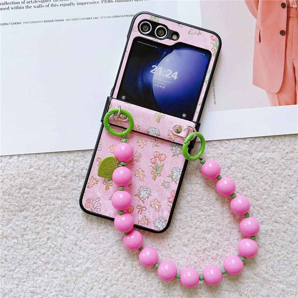For Samsung Galaxy Z Flip7 FE 5G / Z Flip6 5G Case Anti Drop PC + PU Phone Back Cover with Beaded Strap Pattern Design - Tulip Pink
