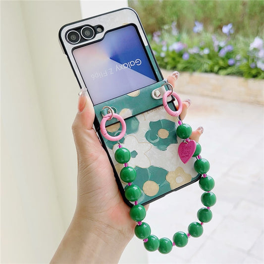 For Samsung Galaxy Z Flip7 FE 5G / Z Flip6 5G Case Floral Pattern PU + PC Protective Phone Cover with Strap - Green Flower