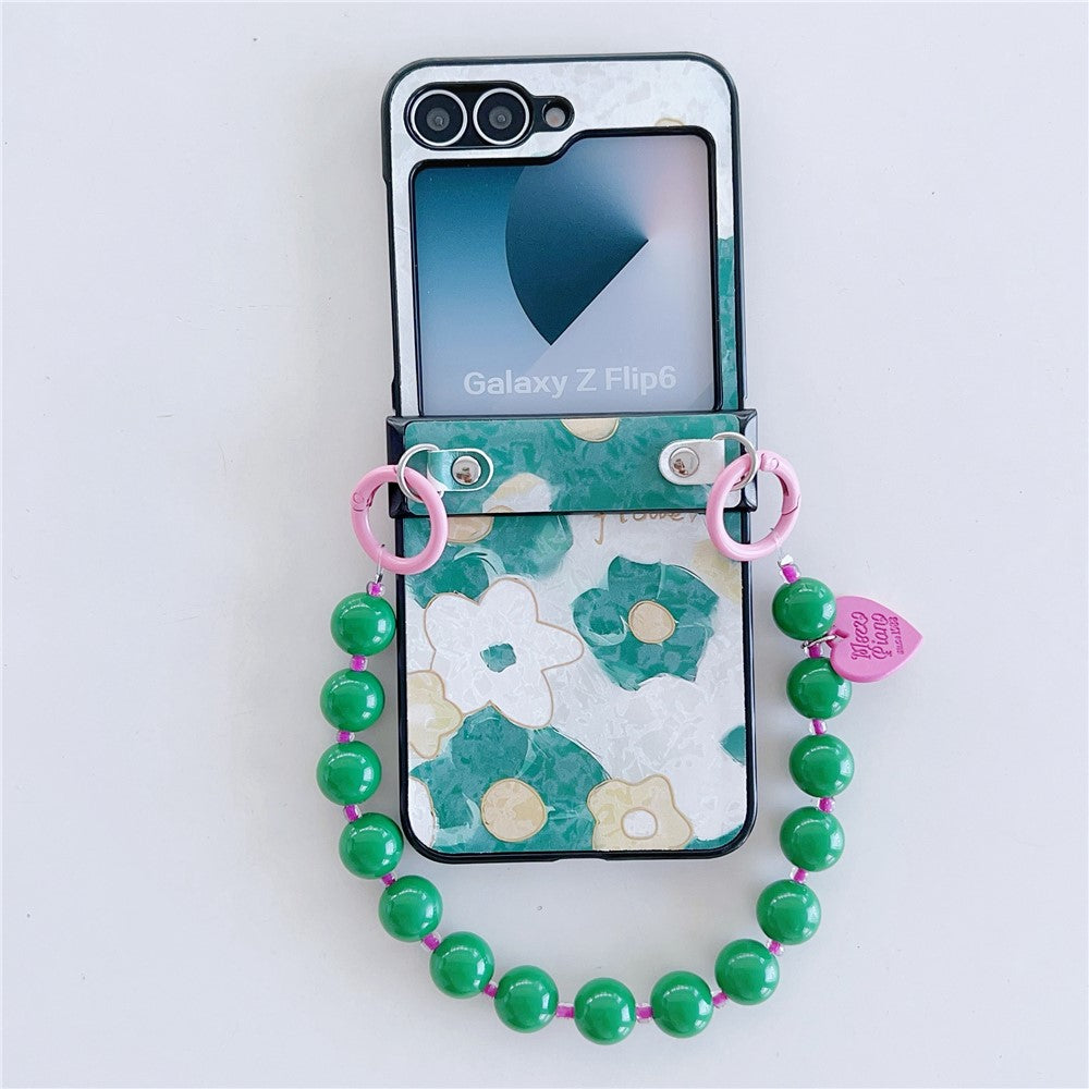 For Samsung Galaxy Z Flip7 FE 5G / Z Flip6 5G Case Floral Pattern PU + PC Protective Phone Cover with Strap - Green Flower
