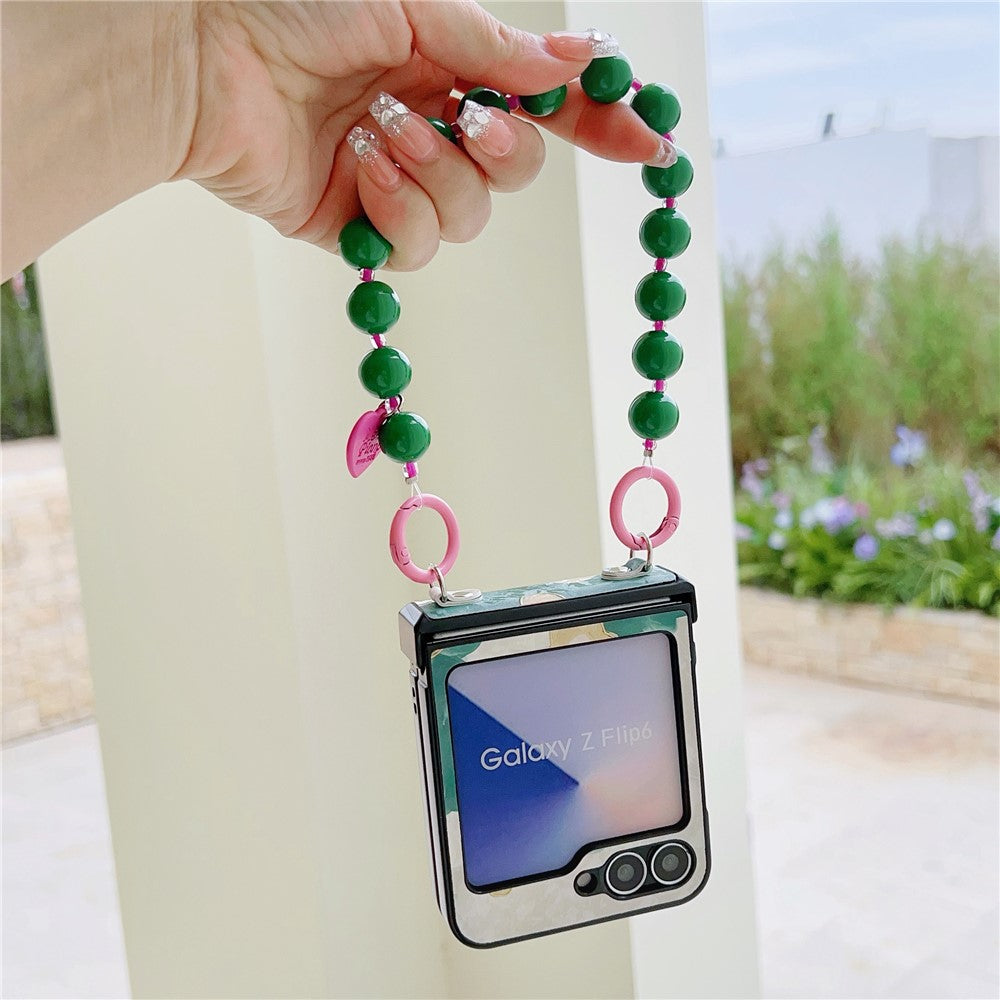 For Samsung Galaxy Z Flip7 FE 5G / Z Flip6 5G Case Floral Pattern PU + PC Protective Phone Cover with Strap - Green Flower